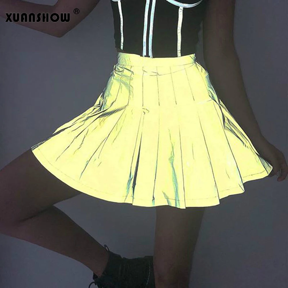 XUANSHOW Faldas Mujer Moda летние женские юбки с высокой талией Светоотражающие мини Клубные вечерние плиссированные юбки Женская одежда в стиле хип-хоп