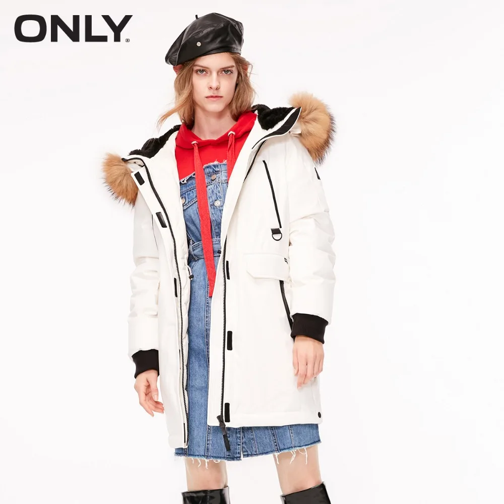 

ONLY womens' winter new drawstring split hooded down jacket Side button slits Waist drawstring|118312557