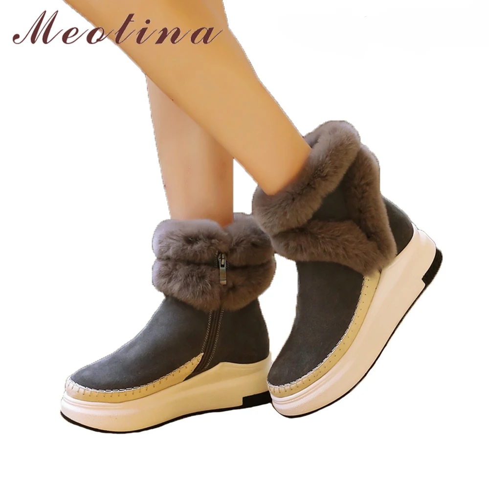

Meotina Snow Boots Genuine Leather Boots Ankle Boots Winter Women Real Rabbit Fur Sewing Platform Wedge High Heel
