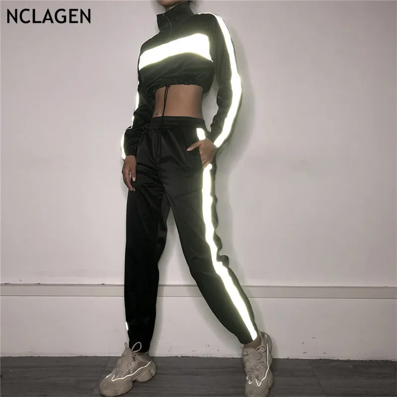 

NCLAGEN 2019 Spring Sexy Reflective Patchwork 2 PCs Suit Set Turtleneck Waist Lace Up Hoodies & High Waist Women Sweat Pants