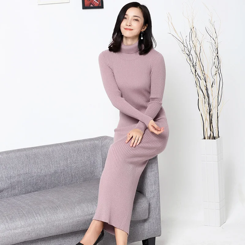 

Women Sweaters 100% Cashmere and Wool Dresses New Arrival Long Style Turtleneck Dresses Woolen Pullovers Hot Sale 3Colors Dress
