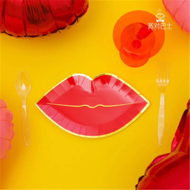 Форма губ одноразовые бумажные тарелки бокалы для коктейля соломенная столовая посуда наборы дети День рождения Свадьба Помолвка украшают