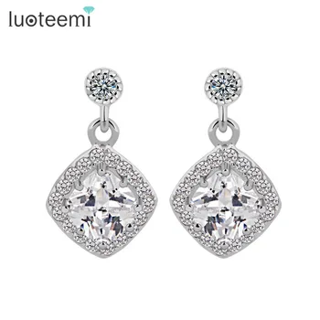 

LUOTEEMI Popular Design Square Cubic Zircon Stud Earrings with Small Tiny Zircon Around Jewelry for Women White Gold-Color