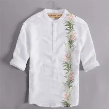 Для мужчин с коротким рукавом льняная рубашка с цветочным принтом летняя рубашка мужская, с коротким рукавом Чистый полотняная Мужская рубашка полуоткрытый с воротником со стойкой, повседневные рубашки для мальчиков