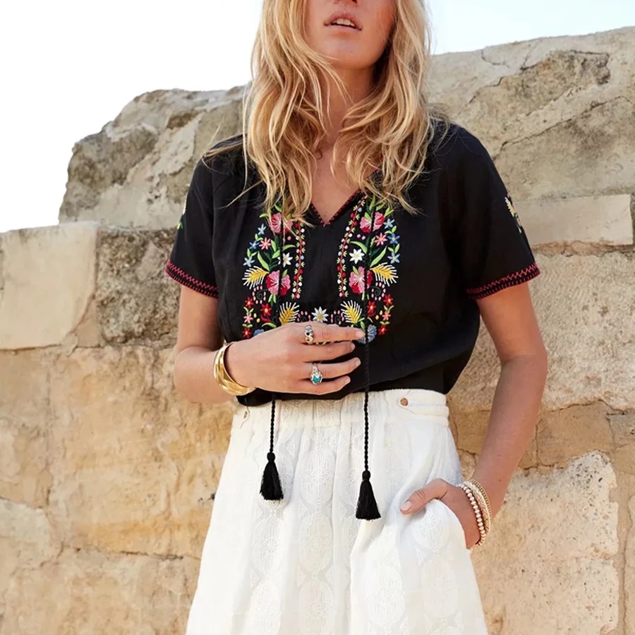 Женские винтажные футболки Boho с цветочным принтом и коротким рукавом