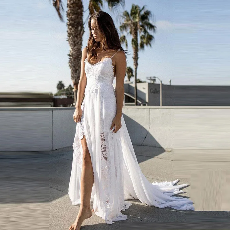 LORIE Strand Trouwjurk See Through Robe De Mariee 2018 Puffy Chiffon Sexy Bridal Jurken Boho Trouwjurk Spaghettibandjes