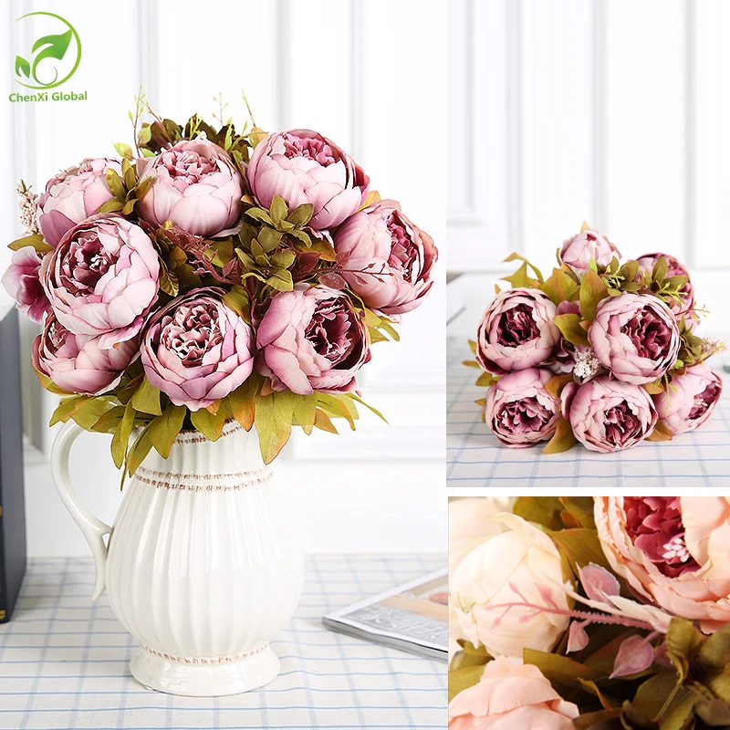 Image Artificial Flowers European Fall Vivid Peony Fake Leaf Silk Flower Autumn Peony Bouquet Wedding Suppliers Home Party Decorations