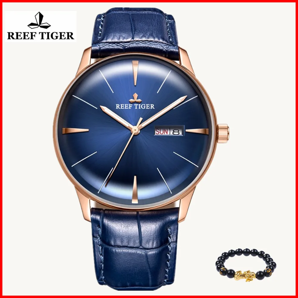 

2019 New Reef Tiger/RT Mens Watches Fashion Sports Convex Lens Rose Gold Blue Dial Waterproof Automatic Watch Relogio Masculino