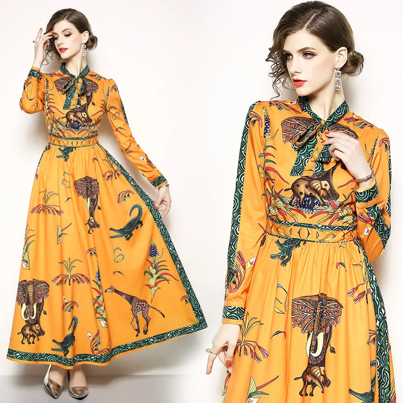 

2019 New runway designer women fashion elegant slim dress bodycon vintage casual party print animal work maxi dresses Vestidos