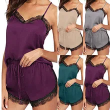 Fashion Women Sleepwear Sleeveless Strap Nightwear Lace Trim Satin Cami Top Pajama Sets Underwear Fashion Women Sleepwear Sleeveless Strap Nightwear Lace Trim Satin Cami Top Pajama Sets Underwear