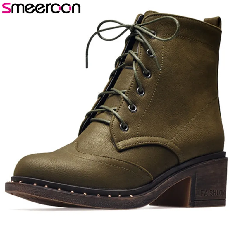 

Smeeroon 2018 new autumn winter boots for women lace up pu leather boots high heels high quality ankle boots wholesale footwear
