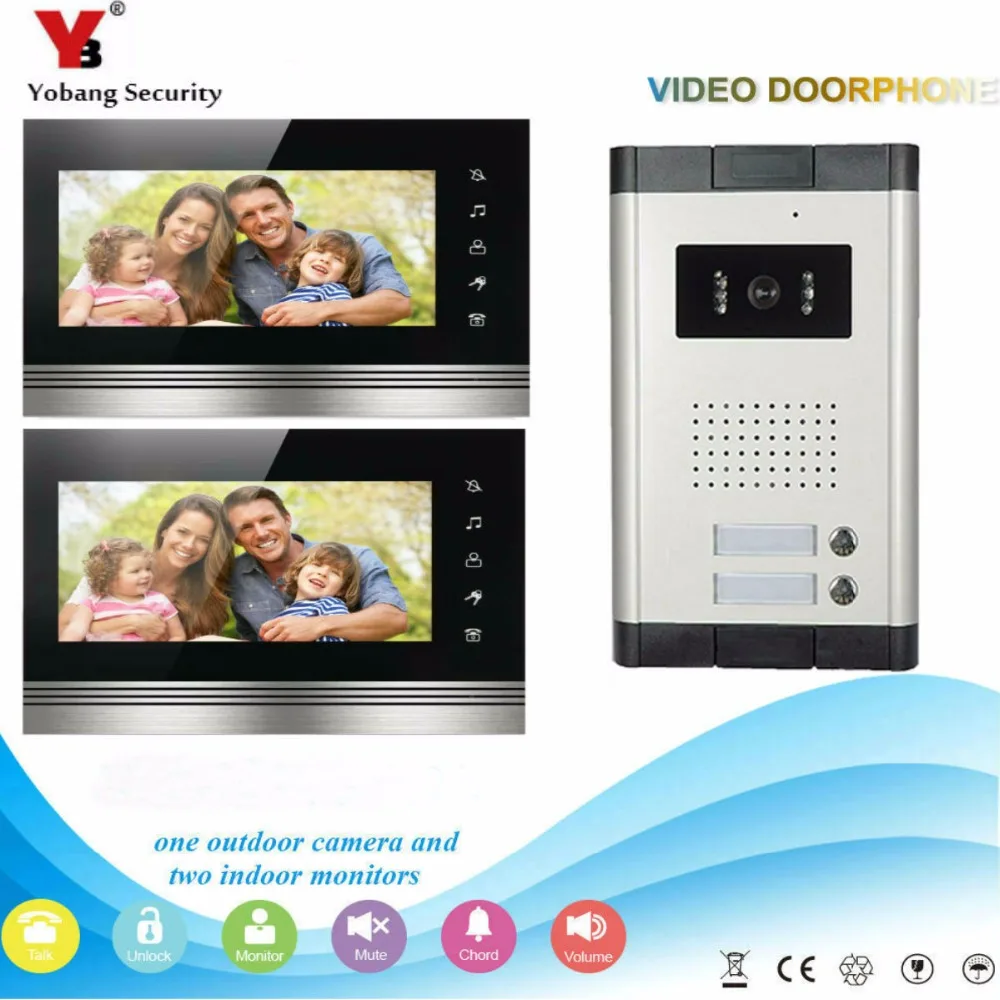 Yobang Security FREE SHIPPIN 7\ Video Intercom Apartment Door Phone System 2 black Monitors 1 HD Camera for 2 Household In Stock