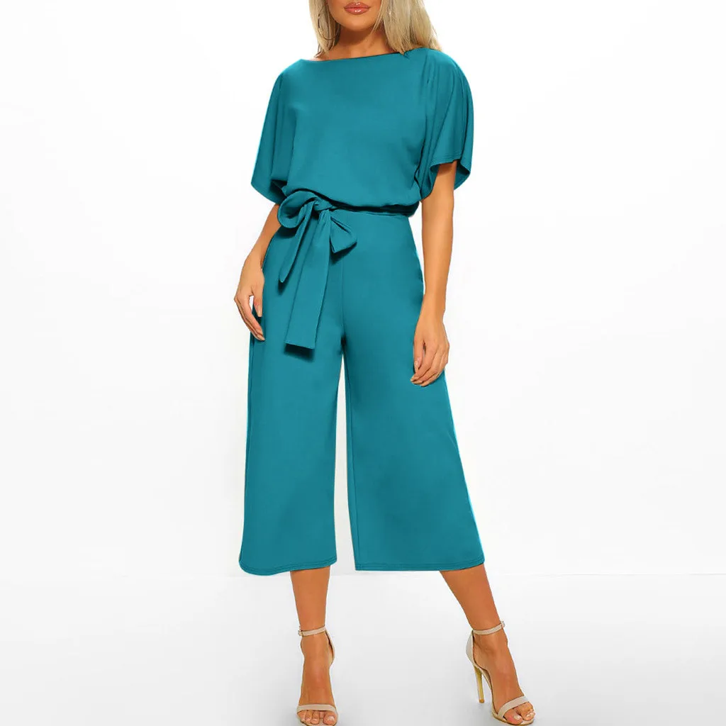 

New Clothes 2019 Women Short Sleeve Playsuit Clubwear Straight Leg Jumpsuit With Belt Drop Shipping