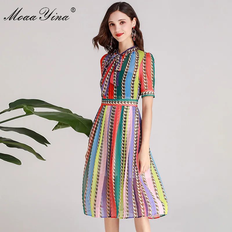 MoaaYina, модное дизайнерское подиумное платье, весна-лето, женское платье, воротник-бант, короткий рукав, Разноцветные полосатые платья - Цвет: Многоцветный