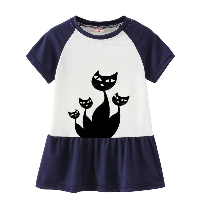 Summer Casual Cat Cartoon Printed Baby Princess Girls Short-Sleeved Dress Navy Patchwork Girls Clothes For 2-7 Years Old Summer Casual Cat Cartoon Printed Baby Princess Girls Short-Sleeved Dress Navy Patchwork Girls Clothes For 2-7 Years Old