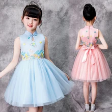 Для девочек qipao Свадебные маленькая принцесса цветок вышивка cheongsam современный китайский традиционное платье атласная водолазка без рукаво