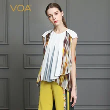 VOA/футболка из тяжелого шелка; большие размеры 5XL; женские топы; белая футболка; повседневный летний пуловер с принтом; Boho; короткий рукав; застежка-клипса с жемчугом; B328