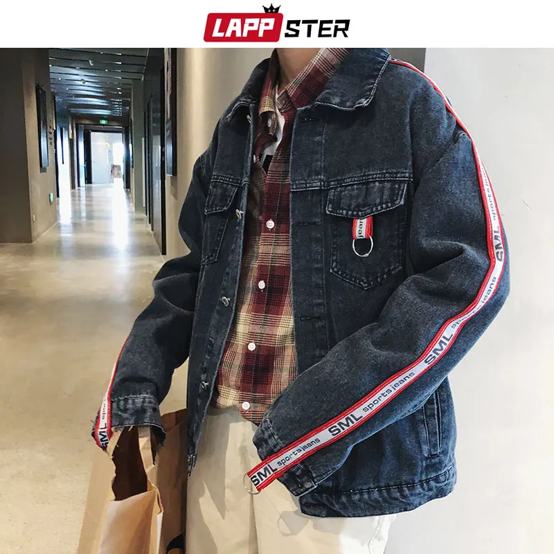 LAPPSTER Men Streetwear Side Striped Blue Jean Jackets 2019 Man Japanese Streetwear Harajuku Denim Jacket Windbreaker INS Ribbon LAPPSTER Men Streetwear Side Striped Blue Jean Jackets 2019 Man Japanese Streetwear Harajuku Denim Jacket Windbreaker INS Ribbon