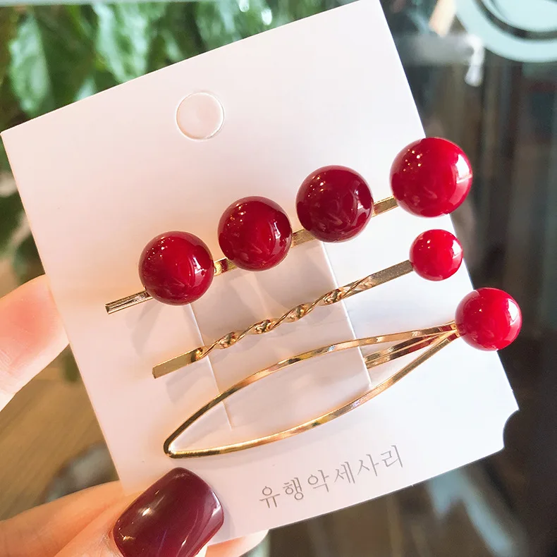 

Red Black White Imitation Pearl Beads Hairpins For Women Wedding Hair Accessories Fashion Geometric Hair Clips Hairgrips Sets