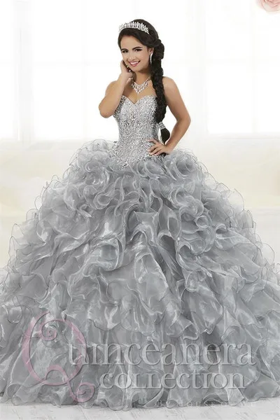 

Silver Girls Quinceanera Dresses 2019 Beaded Ruffles Sweet 16 Prom Birthday Party Ball Gown Sweetheart vestido debutante 15 anos