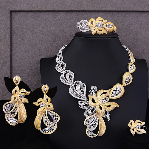 GODKI Luxury Trendy Flowers Nigerian Jewelry sets For Women Wedding Cubic Zircon CZ Dubai Gold Bridal Jewelry Set - Окраска металла: Bicolor