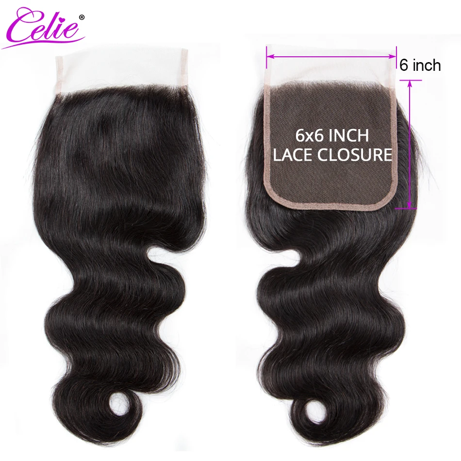 

Celie Hair Brazilian Body Wave Closure 6x6 Lace Closure Free/Middle/Three Part Remy Human Hair Closure Pre Plucked Bleached Knot