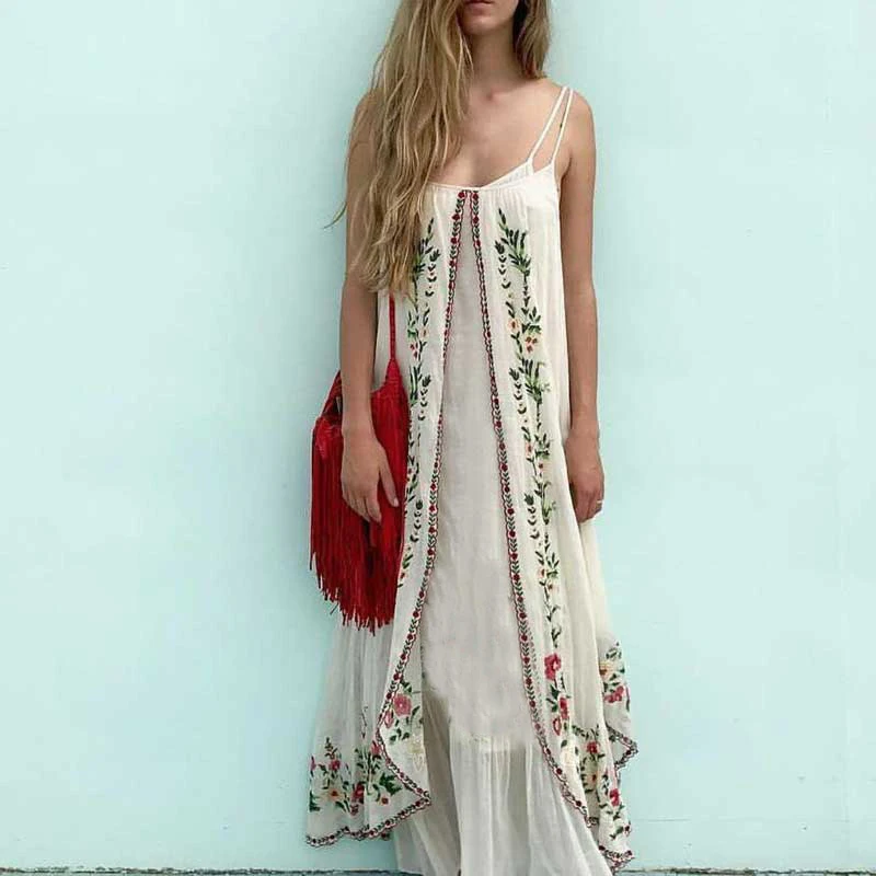 Jaatie Регулируемый Бретели для нижнего белья летние платья Floral Embroidered Maxi платье рябить подол бохо платье vestidos 2017 Для женщин одежда