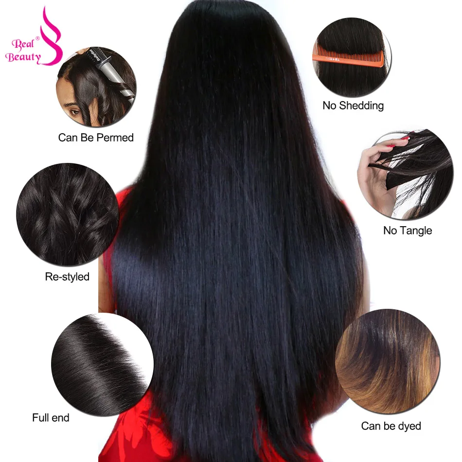 Real Beauty Brazilian Straight Hair 3 Bundles With Lace Closure MiddleFree3 Part 100% Human Hair Weave Bundles 8-26 Non Remy7