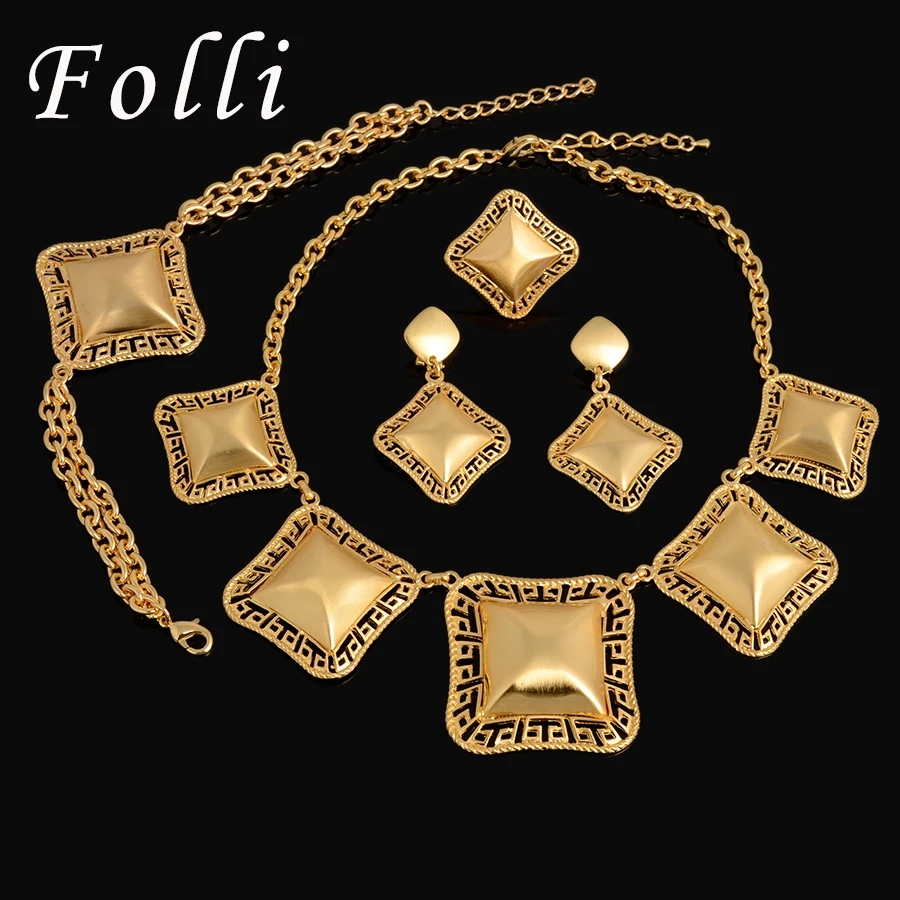 Fashion Vintage Dubai Real Gold Plated Jewelry Set Charm Classic The Great Wall Pattern Big Jewelry