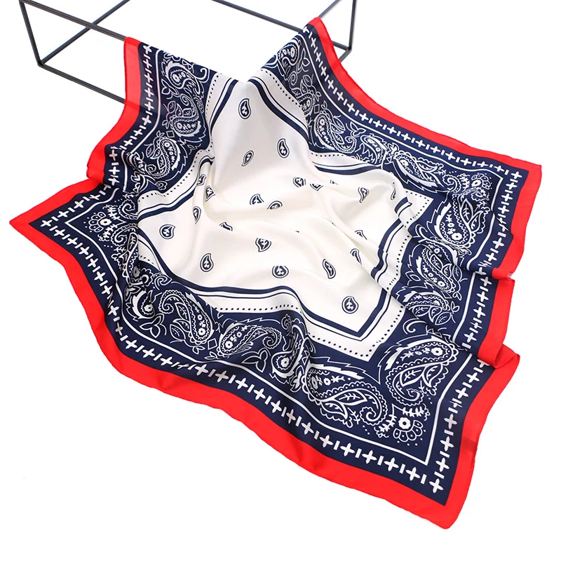 

[FAITHINK] 2019 New Fashion Cashew Printed Lady Silk Square Foulard Scarf Brand Soft Cross Ribbon Hair band Tippet Wrap Shawl
