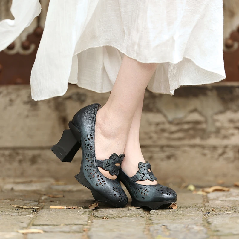 Tyawkiho Genuine Leather Women Pumps Black Embroidery Flower Shoes Hollow Out 8 CM High Heels Soft Leather Pumps Retro Handmade tyawkiho women genuine leather sandals summer shoes hollow out slip on leather sandal soft bottom retro handmade flat heels shoe