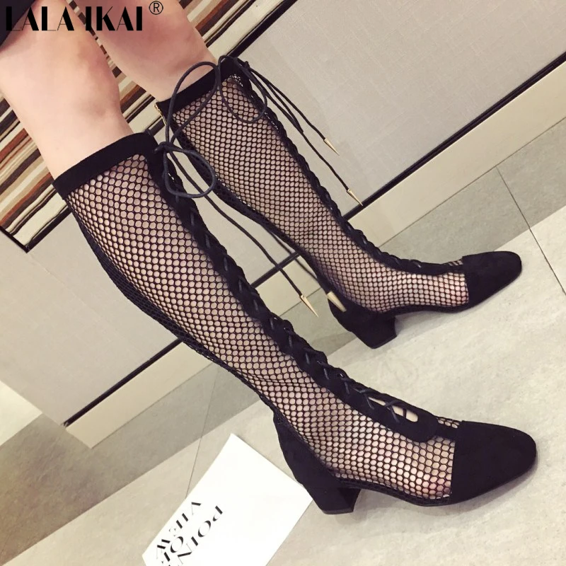 

LALA IKAI Knee High Boots Women Square Toe Square Heels Zipper Ladies Mesh Summer Boots Femininas XWC2305-5