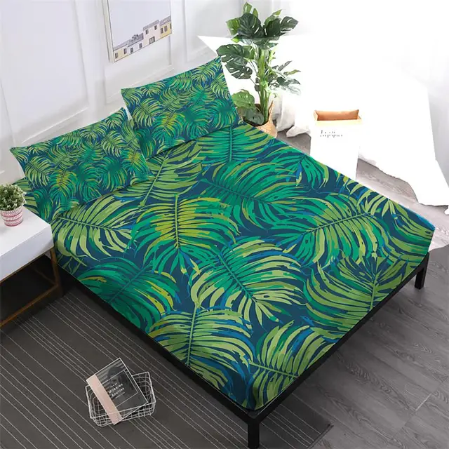 Green Leaves Print Bedding Set Tropical Plant Painted Fitted Sheet King