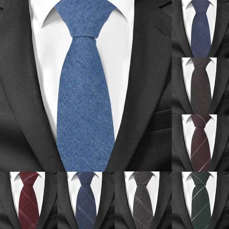 Men Classic Linen Cotton Solid Color Skinny Neckties Wedding Party Business Ties