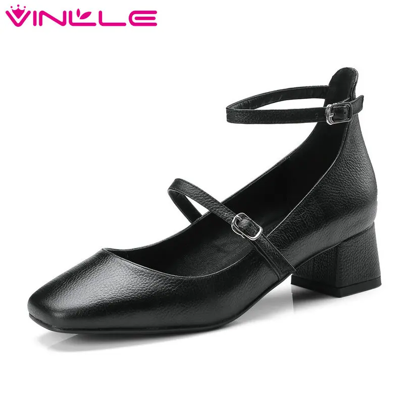 

VINLLE 2018 Women Shoes Genuine Leather Square Med Heel Platform Pointed Toe Buckle Sweet Style Ladies Casual Pumps Size 34-40