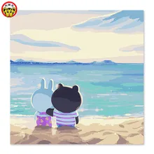 Пух, кролики, смотреть на море, смотреть на закат, смотреть вечер DIY Цифровая живопись, рисование на ткани