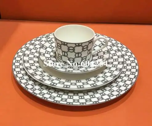 Модный набор из 10 керамических обеденных тарелок с чайной чашкой и столовыми приборами, подарочный набор, поставляется в оранжевой коробке - Цвет: 07