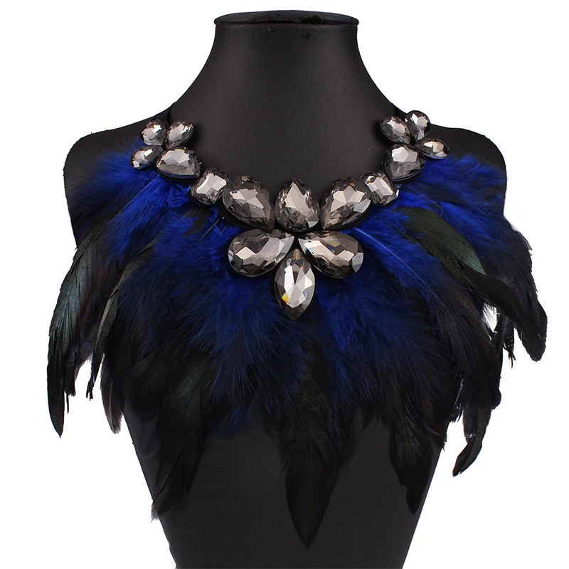 Модный дизайн, женское красивое ожерелье, преувеличенный стиль, перьевая инкрустация, большое хрустальное ожерелье, элегантное женское современное ювелирное изделие
