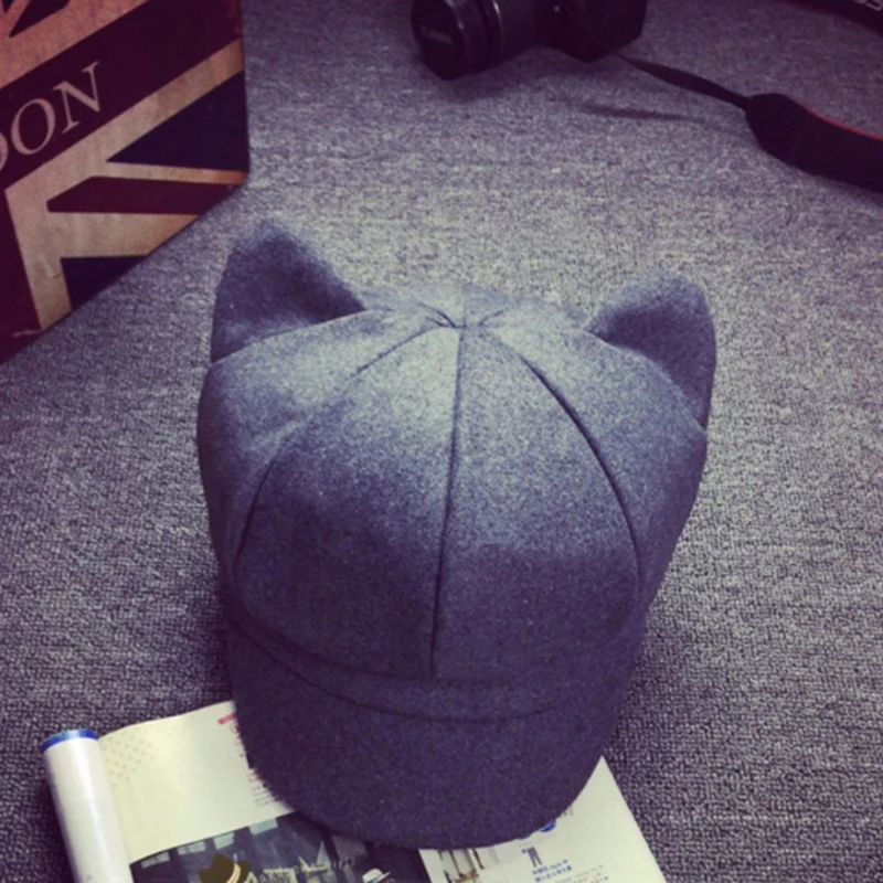Корейская модная восьмиугольная кепка с кошачьими ушками для женщин, одноцветная Обычная шерстяная фетровая Кепка Newsboy, осенняя зимняя шапка художника, берет шляпа художника