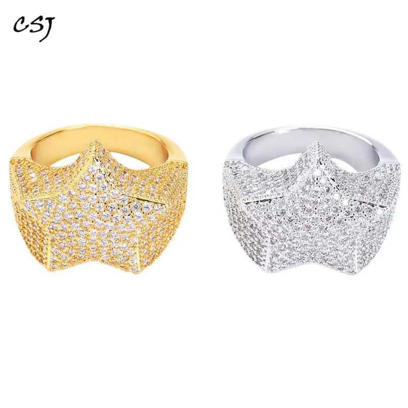 CSJ Hip Hop Rings Bling Iced Out Star Ring Gold Silver Color Charm