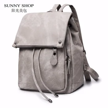 

SUNNY SHOP Vintage Casual Preppy Solid Women Drawstring Backpack Girls School Rucksack Matte PU Leather A4 Book Daypack Notebook