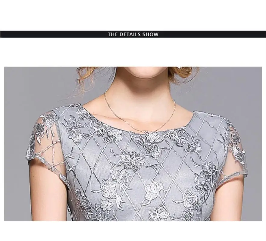 Summer Lace Mesh Embroidery Dress Chiffon Women O-Neck Short Sleeves A-Line Silver Vintage Long Party Elegant Dress Vestidos