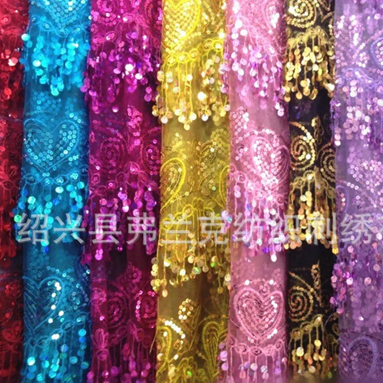 

Free shipping Mesh sequined tassels love soluble embroidery cloth Latin dance belly dance costumes Fabrics 1meter