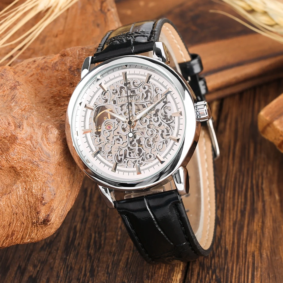 WINNER Watch Men Silver Skeleton Mechanical Hand-Winding Men's Watch Classic Leather Strap Business Male Gear Watch Montre Homme 2019 2020 2021 2022 (8)