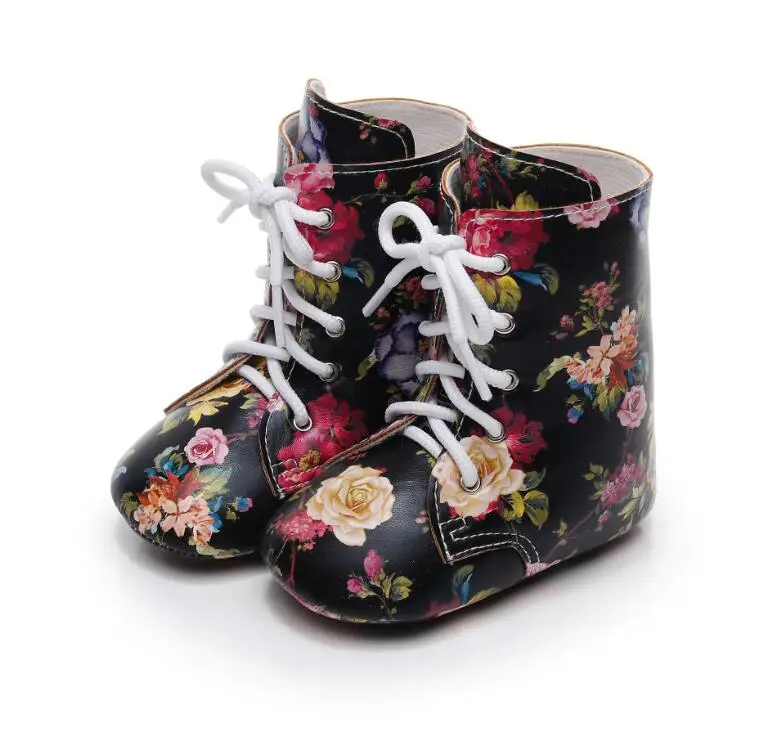 Newest Fashion PU Leather Baby Girls Shoes Floral Boot Infant Toddler Lace Up Boots Casual First Walker Anti-Slip Autumn