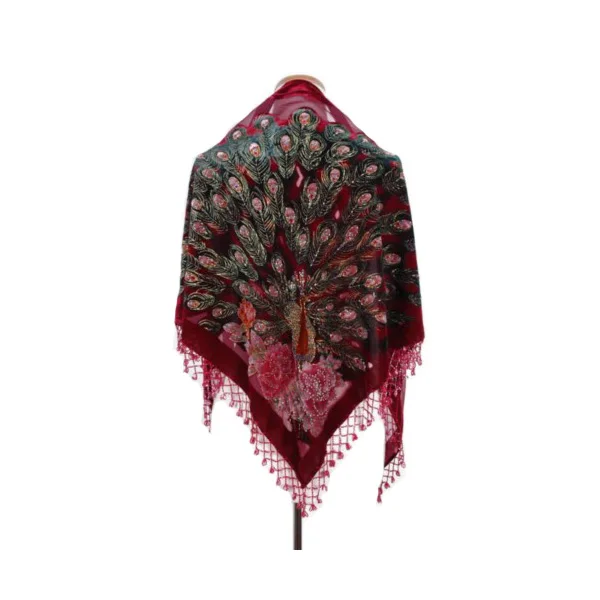 

Burgundy Chinese Style Women Scarves 100% Silk Velvet Shawls Traditional Embroidery Pashmina Hijab Fringe Chal Mujere Bufanda