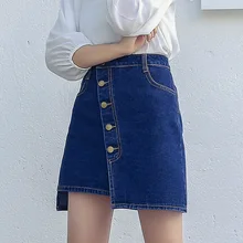 Для женщин Джинсовые юбки синяя юбка новые летние Высокая Талия Кнопка асимметрия Boyfriend шорты Harajuku нерегулярные юбки