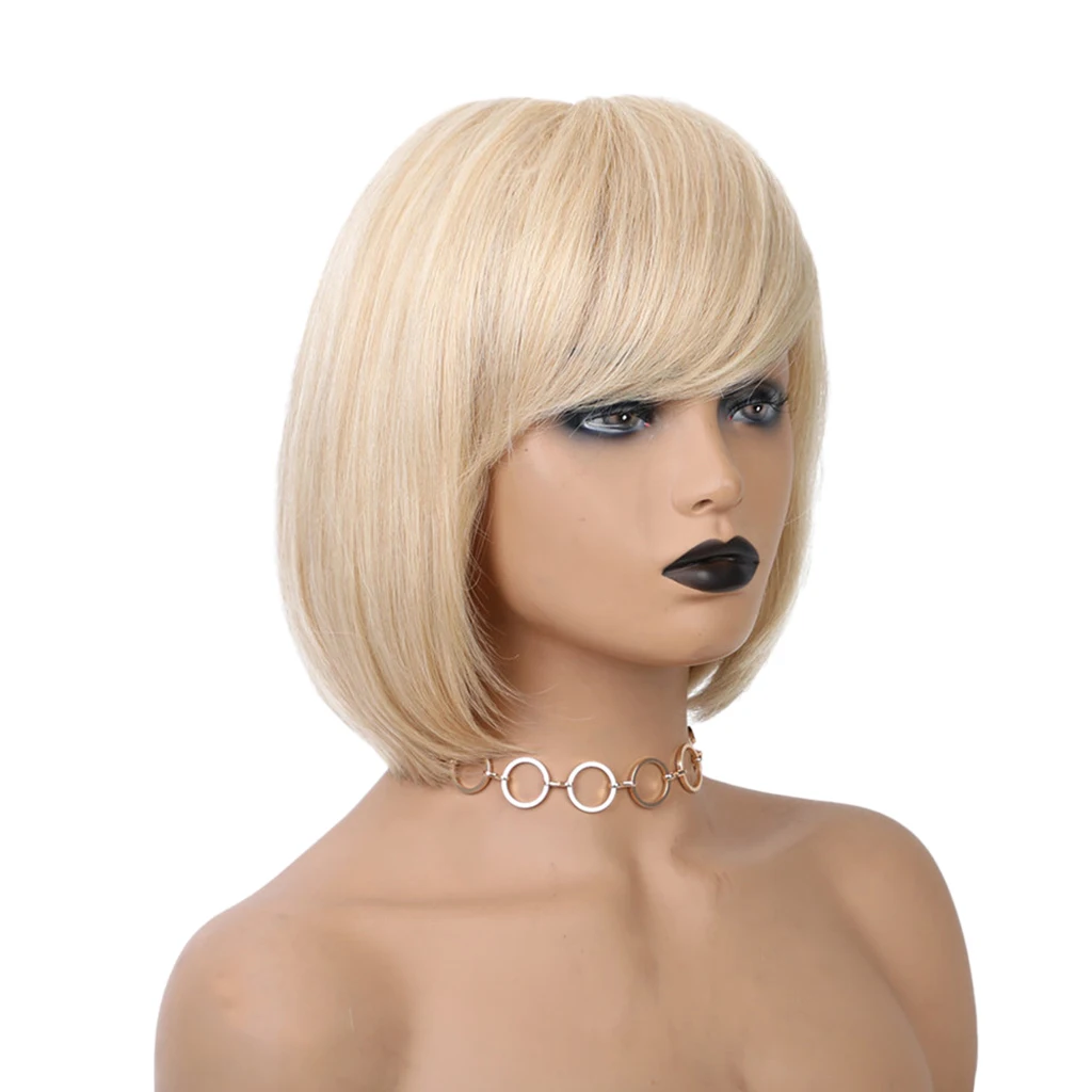 

Light Blonde BOB Wigs Short Straight Human Hair full Wig for Cosplay Daily Use Party Costume W/ BANGS 12
