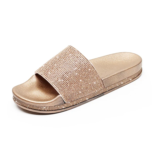 Fashion Women Slippers Crystal Flat Heel Summer Shoes Female Indoor Outside Bling Beach Slides Open Toe Rhinestone Ladies Shoe - Цвет: Gold Shoes