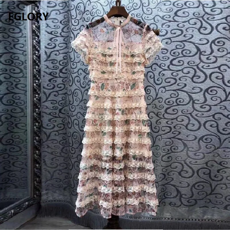 

Novia Party 2019 Summer Fashion Dresses Women Bow Tie Elegant Cascading Ruffle Lace Patchwork Short Sleeve Mid-Calf Lux Dress